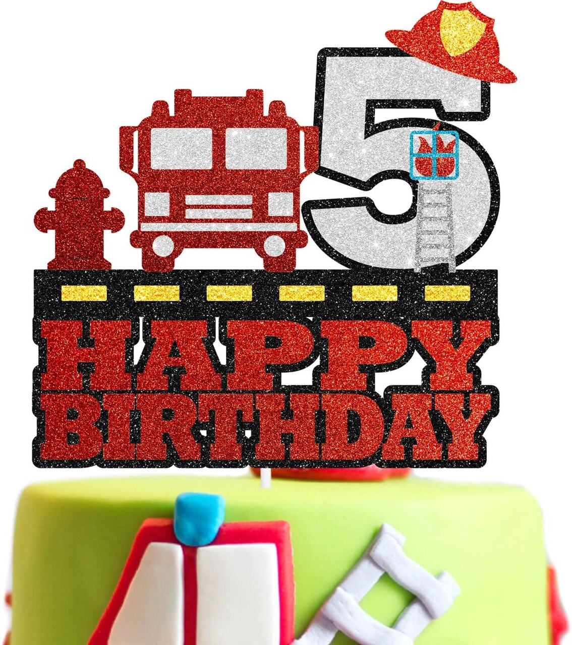 Kid's Firefighting Theme 5th Birthday Cake Topper - Fire Themed Party Fire Truck Ladder Fire Hydrant Fire Hat Happy Birthday Decoration
